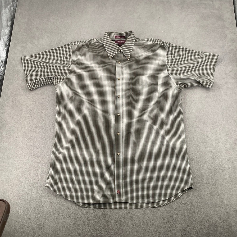 Nordstrom Smartcare Mens Large Brown Gingham Cotton Short Sleeve Button Down